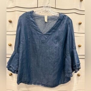 Allison Joy Denim V-Neck Ruffle Sleeve Top Size Medium